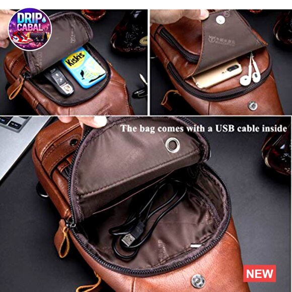BULLCAPTAIN Genuine Leather Sling Bag | Chest Bags – Kinzd Genuine Leather Sling Bag with USB Charging Port Multi-pocket Chest Bag